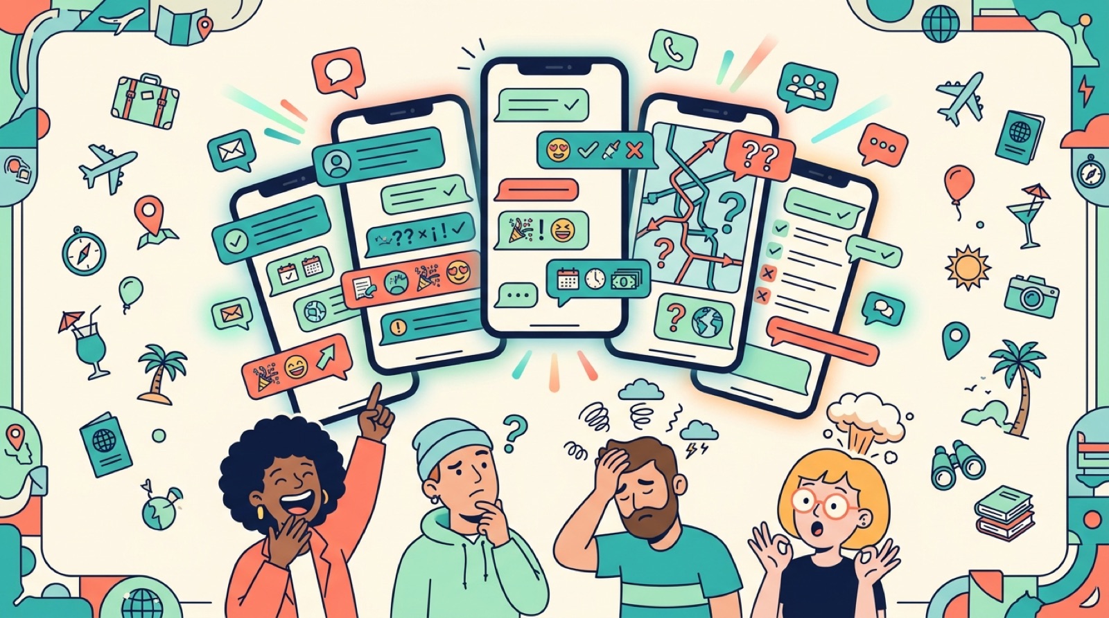 Illustration of a chaotic group chat planning a trip