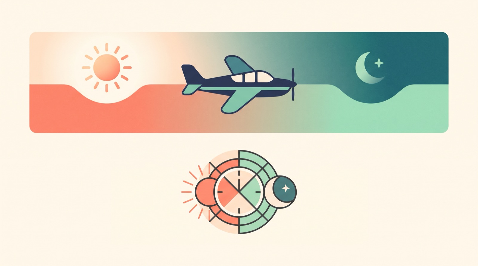 Illustration of a plane crossing timezones between day and night