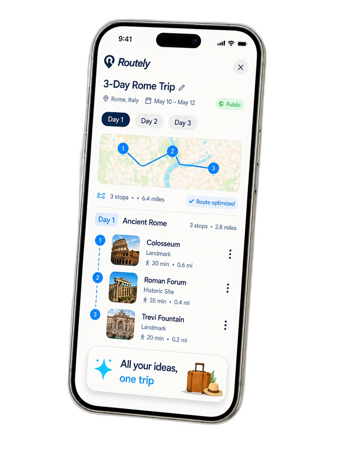 Routely app showing a 3-day Rome trip